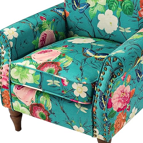 HULALA HOME Traditional Floral Accent Chair with Solid Wood Legs, Blue | Comfy Upholstered Armchair Reading Chair with Rolled Armrests, Nailhead Trim, Removable Cushion, for Living Room Bedroom - color: Blue