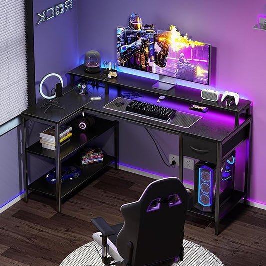 Alpen Corner Desk, 53 Inch L Shaped Desk with USB Charging Port and LED Light, Computer Desk with Storage Shelves & Monitor Stand, Corner Gamer Desk Table for Bedroom, Black - color: Black, size: 53 Inches with LED Lights