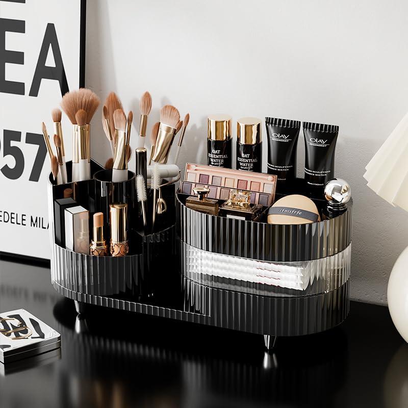 Rotating Vanity Organizer with Brush Holder and Drawer, 3 Layer Cosmetic Skincare Storage, Large Countertop Makeup Perfume & Lotions Display Case (Black) - color: 3 Layer Rotating Makeup Organizer-Black