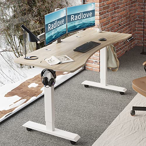 Radlove Electric Standing Desk, 55 x 30 Height Adjustable Computer Desk Sit Stand Desk Home Office Desks with Splice Board and A Under Desk Cable Management Tray (White Frame + Oak Top) - color: Light Oak, size: 55x30'' (Rectangular)