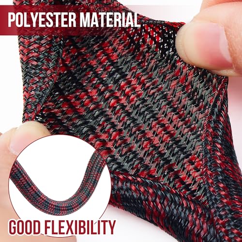 Cable Management Sleeve Split Braided Wire Loom 1 Inch-50FT | PET Braided Cord Organizer for TV, Computer, Desk Cable Management, Home Office, Automotive Wire Protection, Black Red - color: Black red, size: 1" 50ft