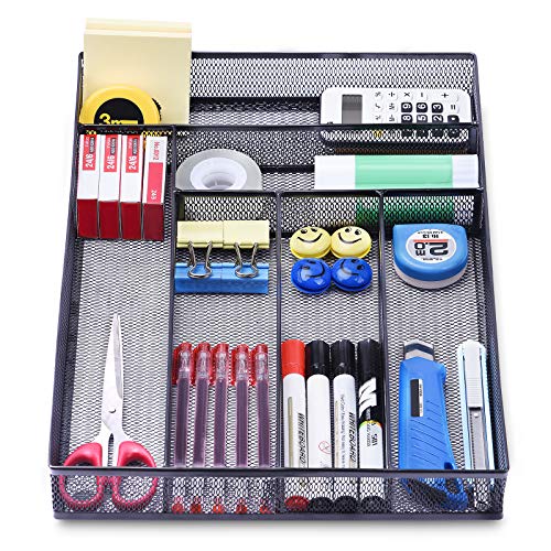 WuGeShop Desk Drawer Organizer with 6 Compartments, Mesh Drawer Organizer Tray for Stationery, Office Supplies Desktop Storage, Black - color: Black-6 Compartments