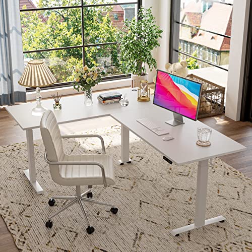 FEZIBO 75 Inches, Supports Over 300lbs, Large L Shaped Standing Desk, Electric Height Adjustable L Shaped Desk, Suitable for Home Office, White Frame/White Top - color: White, size: 75 Inch