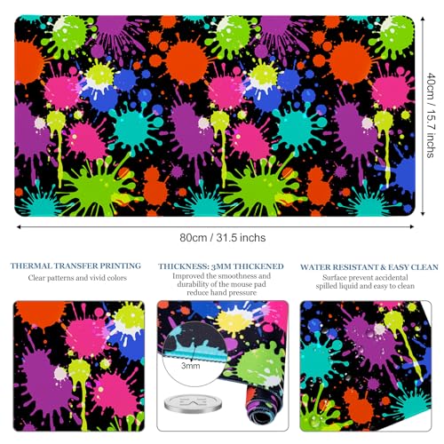Desk Mat, Desk Matt for Desktop, Neon Paint Splatter XXL Large Gaming Mouse Pad with Non-Slip Rubber Base Stitched Edges Waterproof Keyboard Desk Pad for PC Gaming, Laptop, Computer, Work, Office - color: Pigment Paint Splashes, size: 31.5L x 15.7W inches