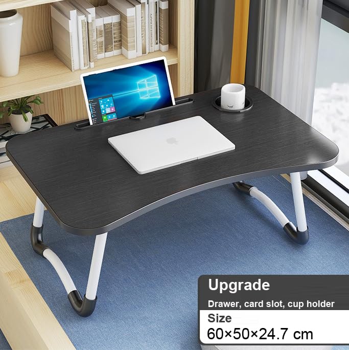 Home Office Lap Desk with Storage Drawer, Cup and Phone Holder, Laptop Bed Tray Table, 23.6" Foldable Desk, Laptop Stand for Breakfast, Working, Writing, Gaming and Drawing - color: Black