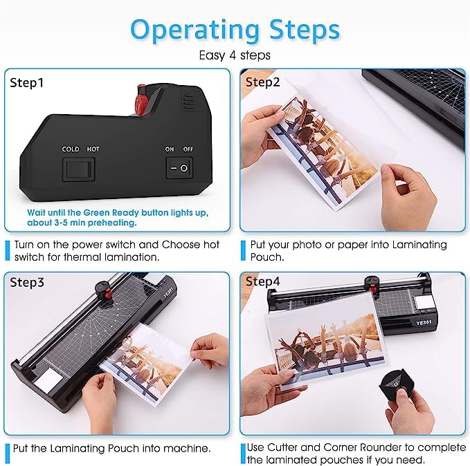 A3/A4/A6 Laminator Machine, YE381 Thermal Laminating Machine for Home Office School Use with 70 Laminating Pouches, Bulit in Paper Trimmer and Corner Rounder