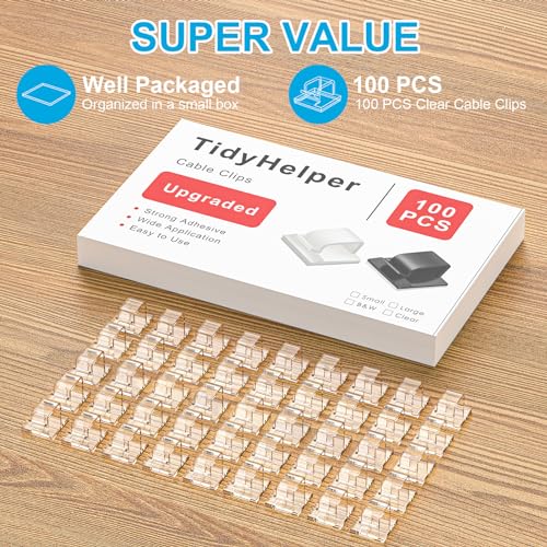 TidyHelper 100 PCS Cable Clips Adhesive, Large, Clear, Indoor/Outdoor - color: Clear, size: Large
