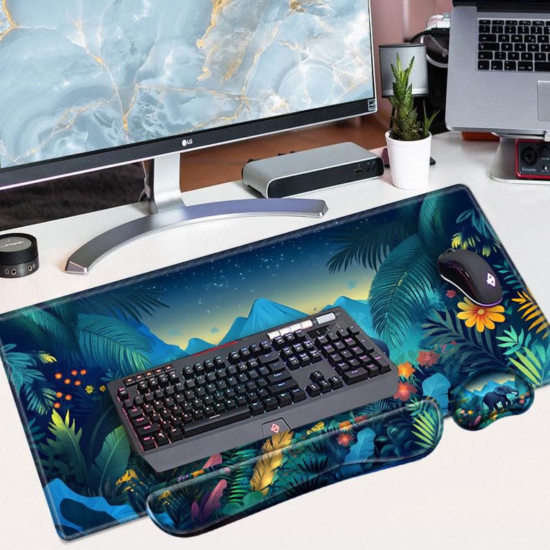 Elephant Mouse Pad and Keyboard Wrist Rest Animal Desk Mat Set Gaming Mousepad with Wrist Support XXL Computer Mat 31.5" x 15.75" Mouse Mat for Work Game Home Office - color: Elephant