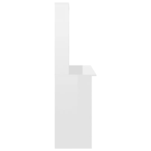 Desk with Shelves, High Gloss White, 43.3 x 17.7 x 61.8 Inches, Engineered Wood, Vertical Design for Small Spaces, Organize Folders, Documents, and PC Equipment - color: High Gloss White
