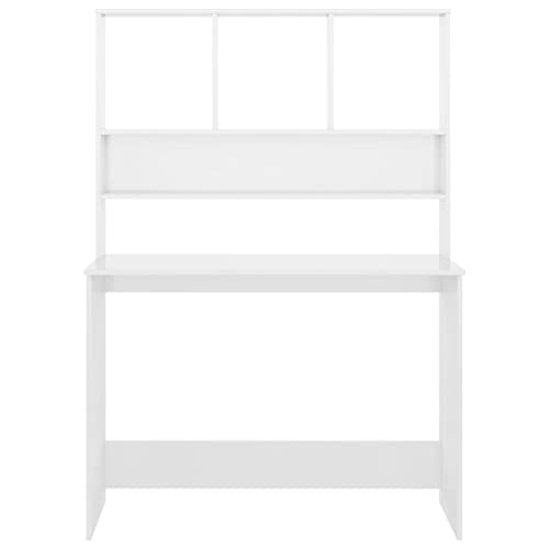 Desk with Shelves, High Gloss White, 43.3 x 17.7 x 61.8 Inches, Engineered Wood, Vertical Design for Small Spaces, Organize Folders, Documents, and PC Equipment - color: High Gloss White
