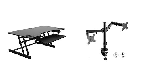 Rocelco 45" Height Adjustable Standing Desk Converter with Dual Monitor Mount and Slide Out Retractable Keyboard Tray - Sit Stand Up Triple Screen Tabletop Riser Workstation - Black (R ADRB-45-DM2) - color: Black, size: 45", style: Riser+Dual Mount