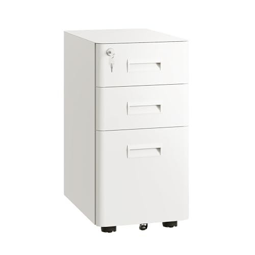 DEVAISE 3 Drawer File Cabinet on Wheels, Fully Assembled Except Casters | Metal Filing Cabinet with Lock, Under Desk File Organization for Home Office, Fits Letter/Legal/A4, White - color: White, size: 17.7" D x 11.8" W x 22.8" H