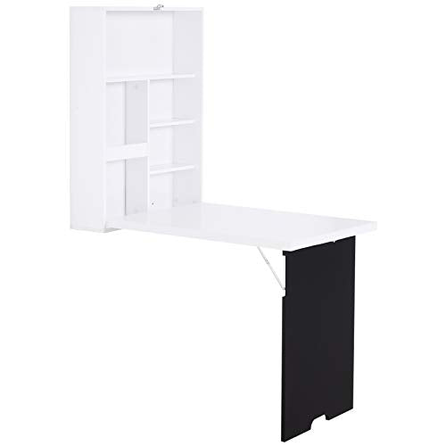 White Wood Wall Mounted Hideaway Desk with Storage for Small Spaces | Folding Desk with A Blackboard, Expandable Computer Desk, Pull Out Study Table for Bedroom Apartment - color: White,
