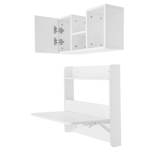 Floating Desk, 24" Wall Mounted Folding Desk with Bookshelf Folding Wall Desks Space Saving Workstation with Storage Shelves for Home Office Bedroom Study Room Small Space - color: White