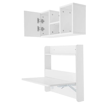 Floating Desk, 24" Wall Mounted Folding Desk with Bookshelf Folding Wall Desks Space Saving Workstation with Storage Shelves for Home Office Bedroom Study Room Small Space - color: White