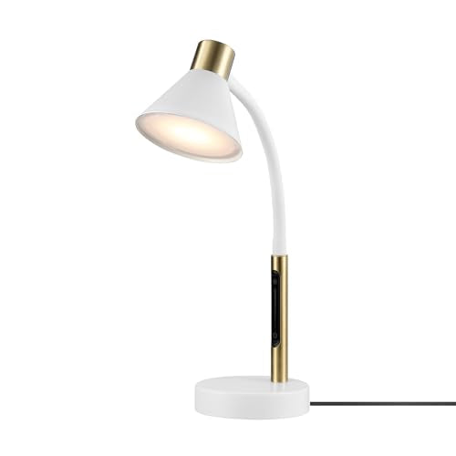 Globe Electric 15" LED Integrated Matte White Desk Lamp with Matte Brass Accent and Adjustable Silicone Gooseneck - color: Matte White, Albert