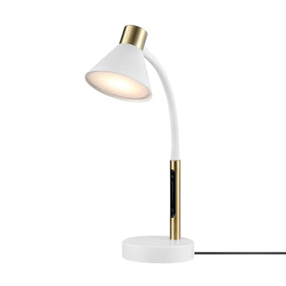 Globe Electric 15" LED Integrated Matte White Desk Lamp with Matte Brass Accent and Adjustable Silicone Gooseneck - color: Matte White, Albert