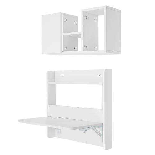 Wall Mounted Folding Table with Booksheves,Floating Desk with Bookcase,Wooden Fold Down Laptop Table for Small Space,Home Office, Bedroom,Study Room,Dorm,White - color: White