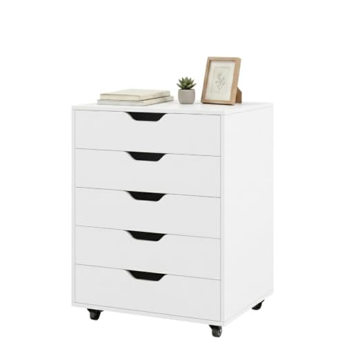 Giantex 5-Drawer Vertical File Cabinet, Mobile Office Storage Cabinet with Drawers, Large Capacity, 2 Lockable Casters and Universal Wheels, Under Desk Side Printer Stand Rolling File Cabinet (White) - color: White