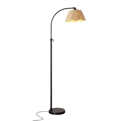 64'' Adjustable Arc Floor Lamp with Woven Pleated Shade, Black - color: Black