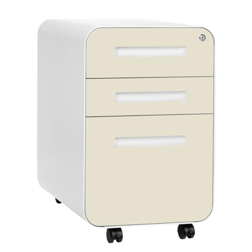 Laura Davidson Furniture Stockpile 3 Drawer File Cabinet with Lock - Under Office Desk Metal Filing Cabinet, Legal/Letter File Folders, Wheels and Stationary Feet, Pre-Assembled, Ivory - color: Ivory