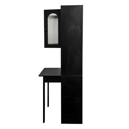 roomfitters Fold-Out Writing Table Secretary Desk with Fluted Glass Door Hutch Storage Cabinet Home Office, Black