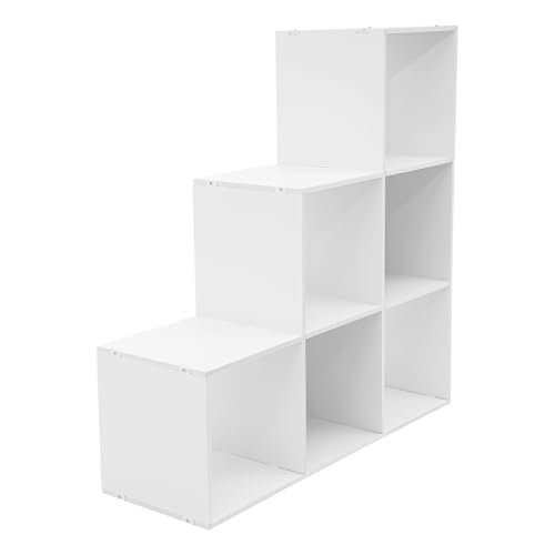 3-Tier Stepped Bookshelf, 6 Cube Storage Organizer, Freestanding Ladder Bookcase, L-Shaped Corner Shelf, Room Divider Shelf, 35.4" Tall Modern Display Shelf for Home Office Living Room - size: 6 Cubes/L-Shaped