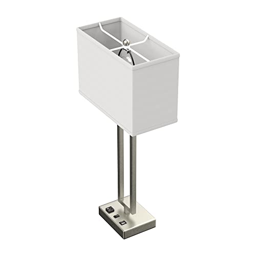 LEDMplace 28 Inch Bedside Table Lamp for Bedroom (USB Port, E26 Bulb Holder, Fabric Linen Shade, Bulb Not Included) | Bedside Table Lamp for Living Room Night Stand Desk Lamp Brushed Nickel Finish - size: 28 Inch (Rectangle Fabric Lamp)
