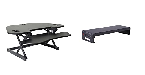 Rocelco 46" Height Adjustable Corner Standing Desk Converter with AC Outlet USB Charger and Dual Stand - Tabletop Computer Riser Workstation - Large Keyboard Tray - Black (R CADRB-46-ACUSB-DMS) - color: Black+acusb, style: Riser + Monitor Stand