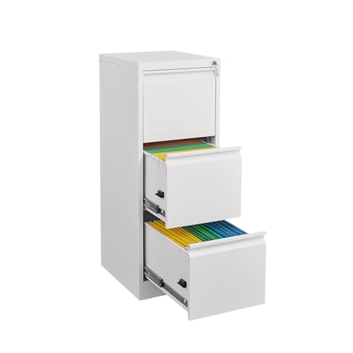 3 Drawer Vertical File Cabinet with Lock, White Metal Filing Cabinet