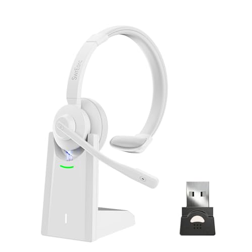 Bluetooth Headset, Wireless Headset with Mic for Work, Advanced AI Noise Cancelling Microphone (Clear Calls & Mic Mute), Bluetooth 5.3, USB Dongle, Headphones with Mic, for PC/Zoom(White) - color: White