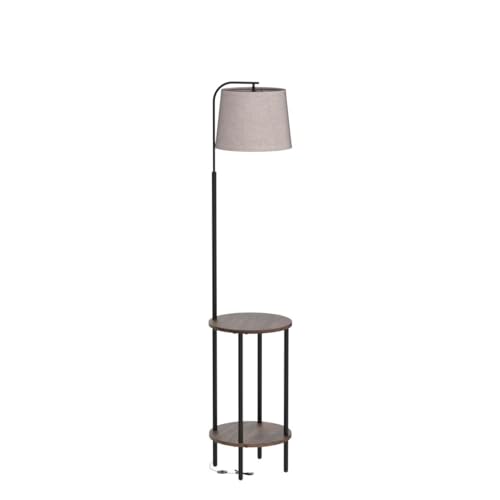 DEWENWILS Floor Lamp with Table, Wooden Nightstand, Farmhouse | Linen Lampshade, 13.18", ON/OFF Foot Switch, 2-in-1 Design, Sturdy Shelf for Living Room, Bedroom, Office Decor