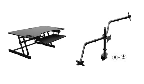 Rocelco 45" Height Adjustable Standing Desk Converter with Triple Monitor Mount and Slide Out Retractable Keyboard Tray - Sit Stand Up Three Screen Tabletop Riser Workstation - Black (R ADRB-45-DM3) - color: Black, size: 45", style: Riser+Triple Mount