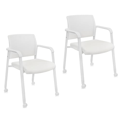 CLATINA Mesh Back Guest Reception Stacking Chair with Wheels, Waiting Room Stackable Chairs with Upholstered Leather Seat & Ergonomic Lumbar Support for Office Conference School Lobby, White, 2 Pack - color: White_leather_wheels, size: 2pack