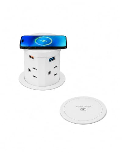 2.4" Pop Up Countertop Outlet, 30W USB-C & Wireless Charger | Fits 2.4 in (60mm) grommet holes, 4 AC outlets, 2 USB-C 30W, 2 USB-A 18W, 15W wireless charging and 1.5m cord, White - color: White
