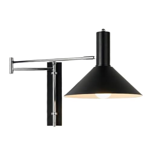 Modern Industrial Black Conical Shade Wall Sconce Minimalist Adjustable Swing Arm Lamp Chrome Metal Accent Mount Light Fixture for Bedroom Living