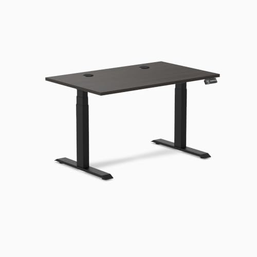 Desky Dual Laminate Sit Stand Desk Burnished Wood Grommets Matte Black - color: Burnished Wood / Matte Black, size: 47.2 x 29.5 inches with Grommets