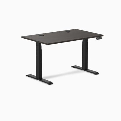 Desky Dual Laminate Sit Stand Desk Burnished Wood Grommets Matte Black - color: Burnished Wood / Matte Black, size: 47.2 x 29.5 inches with Grommets