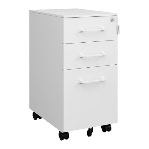 MIIIKO White Filing Cabinet 3 Drawers Under Desk, Metal File Cabinet with Lock for Home Office, Small Mobile File Cabinet for Letter Legal File Folders（Un-Assembled） - color: White, size: 3 Drawer-11.8"W -Mobile
