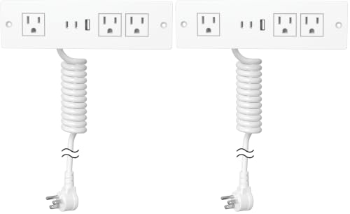 Furniture Drawer Outlet, Recessed Power Strip with (3) PD 20W USB Ports Fast Charging & (3) 15 Amp AC Outlets, (14 AWG) 5 FT White Spring Cord (Pack of 2) - color: White, size: 5 FT (Pack of 2)