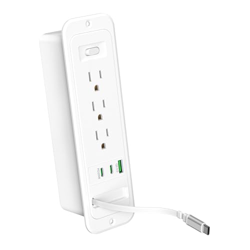 Recessed Power Strip with Retractable USB C Cable,2 PD 20W USB C,Flush Mount Countertop Drawer Outlet, Furniture Hidden Outlet for Side Table,End Table,3 Outlets (White, 6FT-20W USB) - color: White, size: 6FT-20W USB