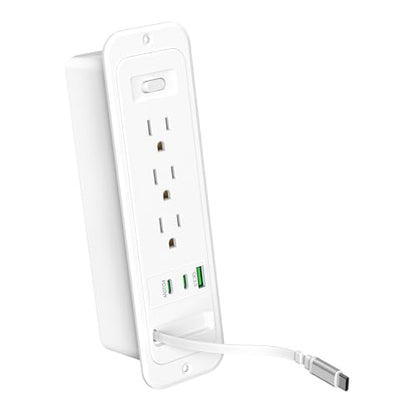 Recessed Power Strip with Retractable USB C Cable,2 PD 20W USB C,Flush Mount Countertop Drawer Outlet, Furniture Hidden Outlet for Side Table,End Table,3 Outlets (White, 6FT-20W USB) - color: White, size: 6FT-20W USB
