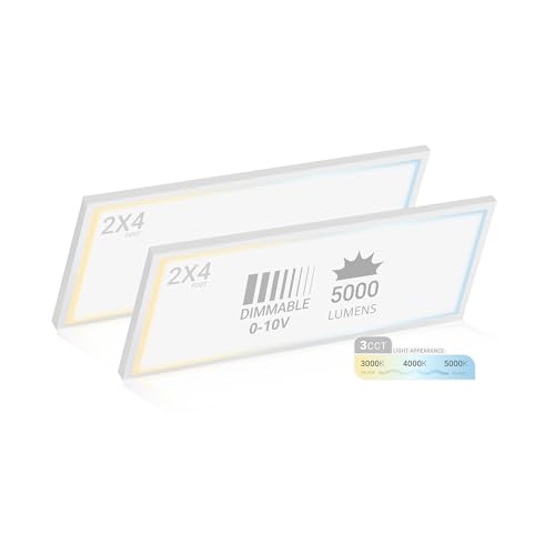 2x4 LED Flat Panel Light Surface Mount 3CCT 3000K-5000K, DLC, 2 Pack | 5500/4400/3300LM Selectable, 50W/40W/30W, 0-10V Dimmable, 120-277V, Durable Aluminum Flat Panel LED Ceiling Light 2 x 4, ETL