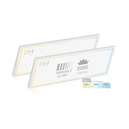 2x4 LED Flat Panel Light Surface Mount 3CCT 3000K-5000K, DLC, 2 Pack | 5500/4400/3300LM Selectable, 50W/40W/30W, 0-10V Dimmable, 120-277V, Durable Aluminum Flat Panel LED Ceiling Light 2 x 4, ETL