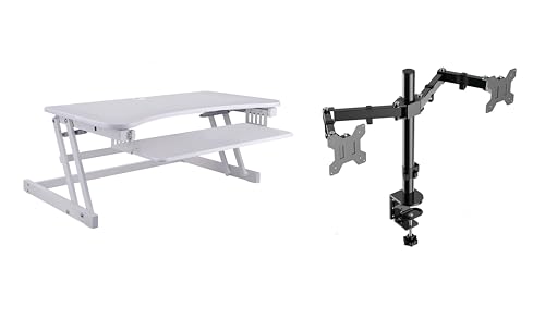 Rocelco 37.5" Height Adjustable Standing Desk Converter with Dual Monitor Mount and Slide Out Retractable Keyboard Tray - Sit Stand Up Double Screen Tabletop Riser Workstation - White (R DADRW-DM2) - color: White, size: 37.5", style: Riser+Dual Mount