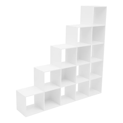 5-Tier Stepped Bookshelf, 15 Cube Storage Organizer, Freestanding Ladder Bookcase, L-Shaped Corner Shelf, Room Divider Shelf, 57.5" Tall Modern Display Shelf for Home Office Living Room - size: 15 Cubes/L-Shaped