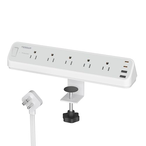 TESSAN Desk Clamp Power Strip 6 Ft with 2100J Surge Protector, Gray | 5 Outlets and 4 USB (2 USB C) Desk Charging Station, Flat Plug Extension Cord with Multiple Outlets for Home Office Dorm Room - color: Grey, size: 6 FT