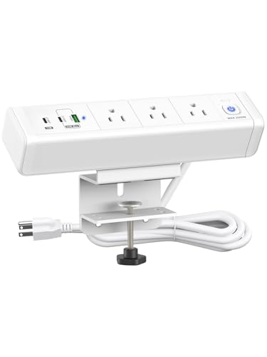 Desk Clamp Power Strip 65W USB-C Fast Charging 3 AC Outlet for Home&Office | Nightstand Edge Mount Charging Station,6 FT flat plug Power Cord,White - color: white