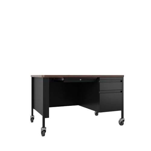 Hirsh 30x48 Mobile Right Hand Single Pedestal Metal Desk T-Mold Top Black/Walnut