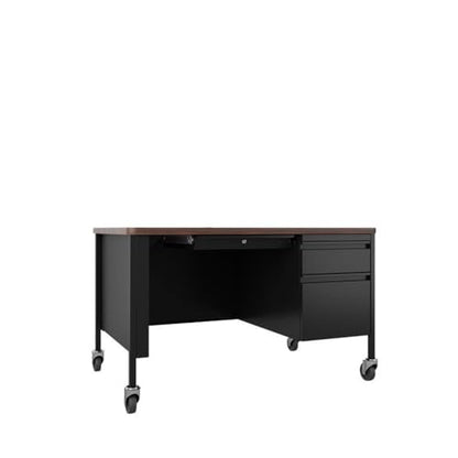 Hirsh 30x48 Mobile Right Hand Single Pedestal Metal Desk T-Mold Top Black/Walnut